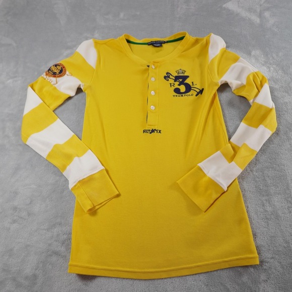 Ralph Lauren Womens Heney Shirt Sz M Yellow Embroidered Logo Striped Long Sleeve - Picture 3 of 12